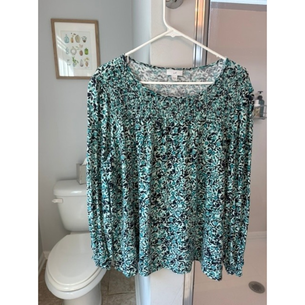 J. Jill Teal Floral Smocked Neck Long Sleeve Cotton Modal Blouse XL